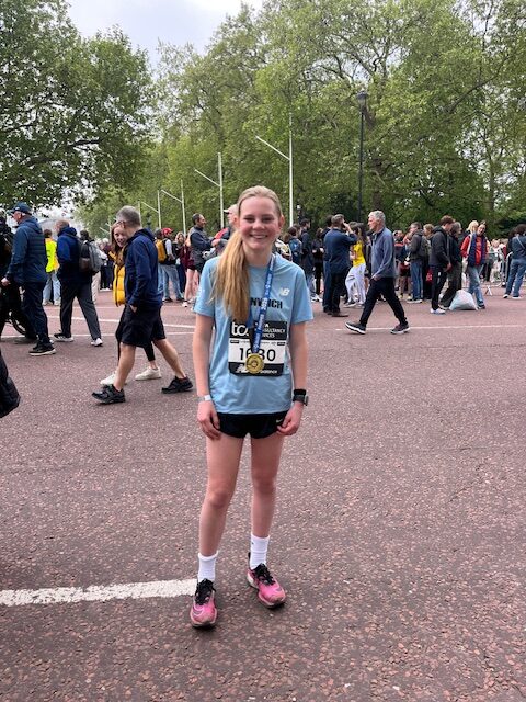 Student after running the mini London marathon
