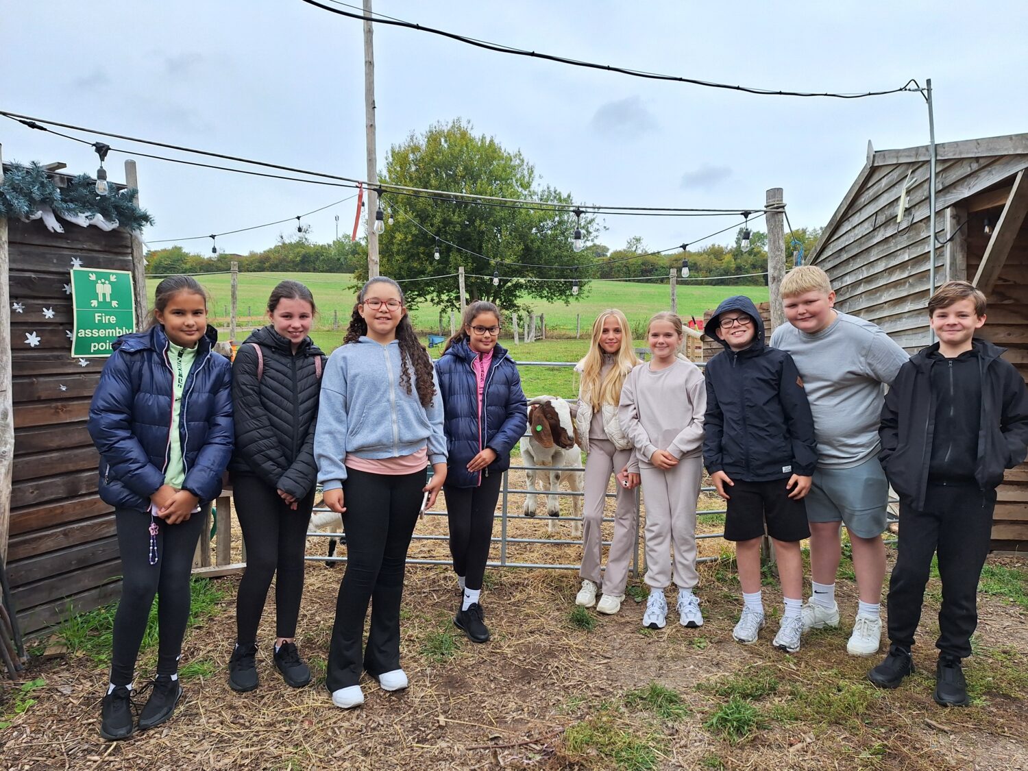 A large group of children and teenagers is posing together for a photo next to a fence at the farm. They are standing in front of an animal enclosure (with a goat visible) and various farm structures. They appear to be enjoying their outing.