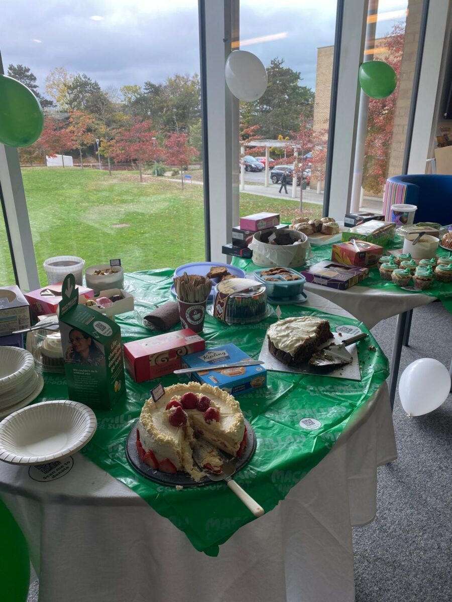 Macmillan coffee morning with a table full of cakes