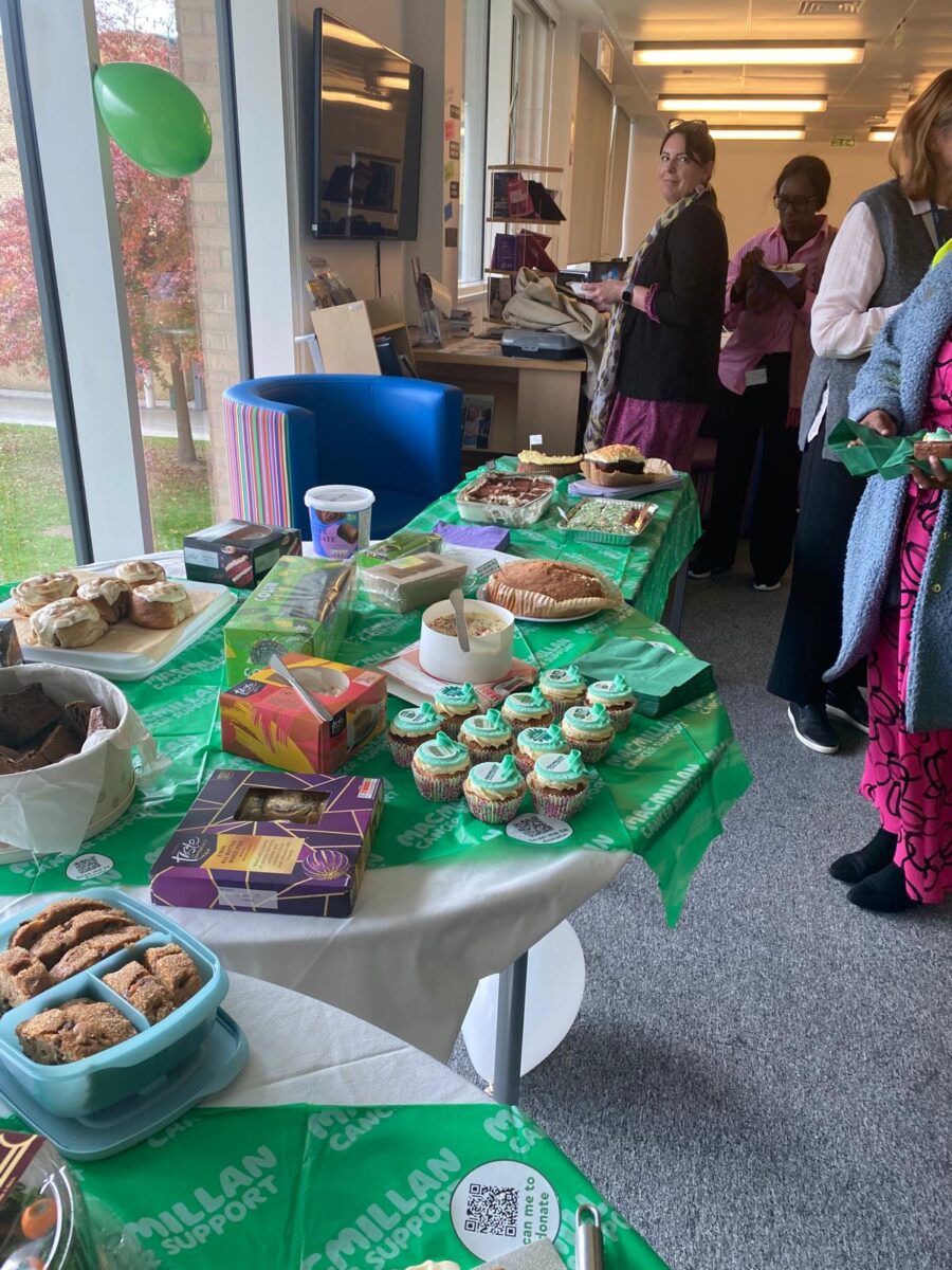 Macmillan coffee morning with a table full of cakes