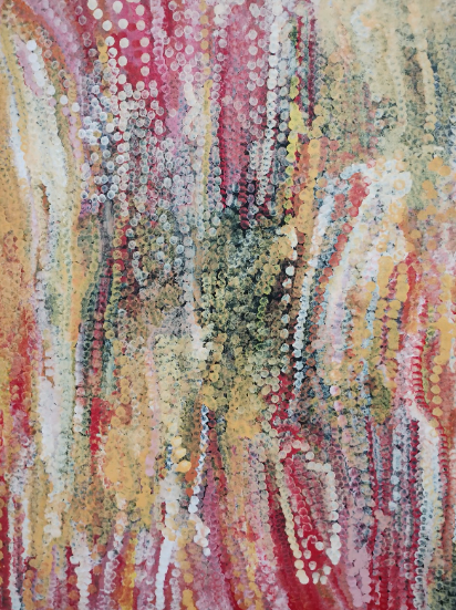 A vertical abstract painting characterized by vertical streams of colored dots in a pointillist style. The colors are predominantly vibrant red, yellow, orange, and white, with an area of dark green and black dots clustered toward the center. The streams of dots create a sense of movement or cascading texture.