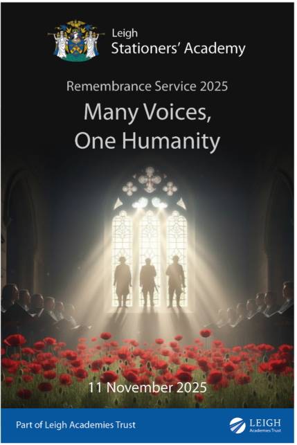 A Remembrance Service 2025 poster for Leigh Stationers' Academy, featuring a photo of three silhouettes of soldiers in a bright church window, a choir below them, and a field of red poppies in the foreground. The date is 11 November 2025.