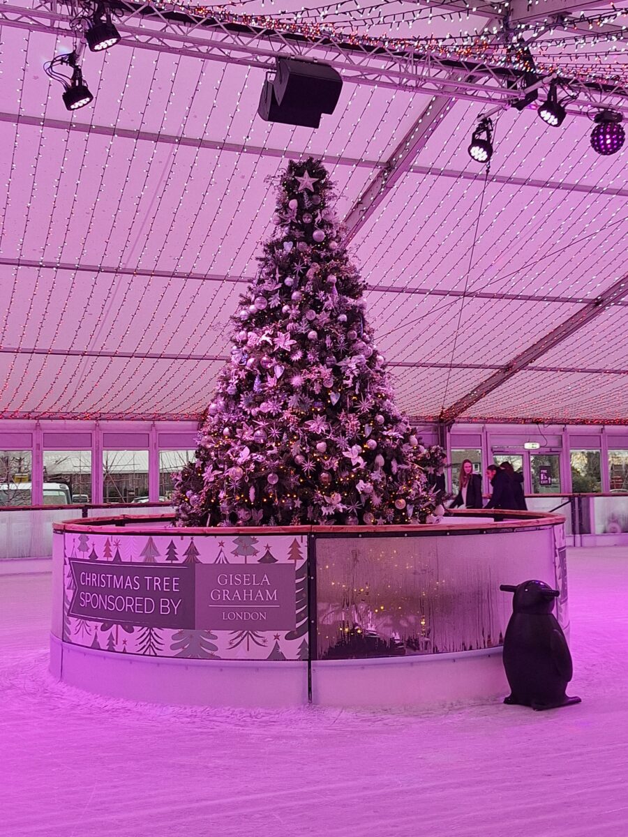 A christmas tree in the middle of the ice rink