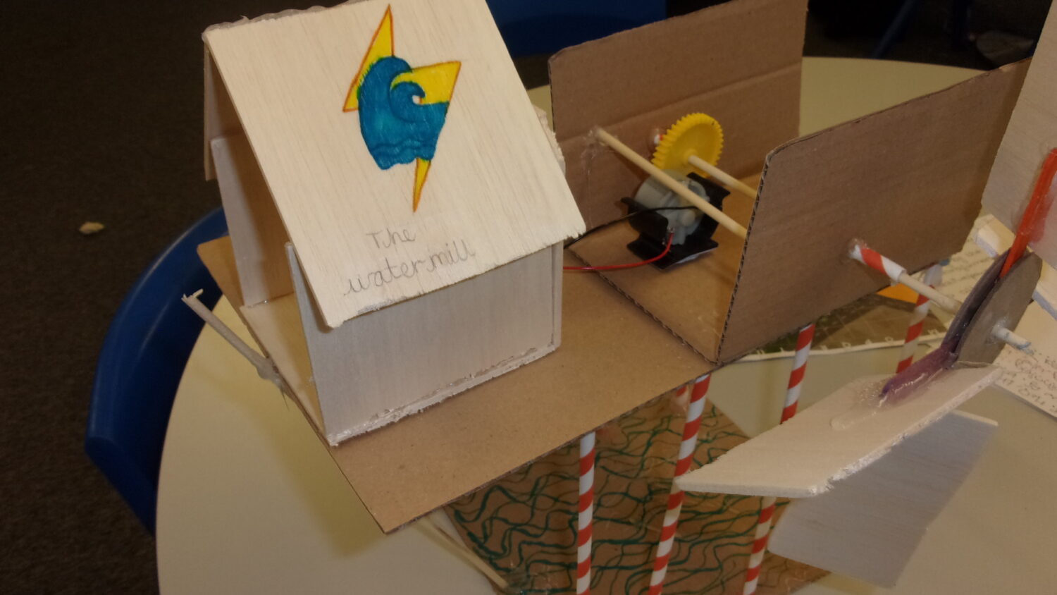 A close-up of a student-built model titled "The watermill," which is part of an energy challenge project. The structure is made of cardboard and light wood, featuring a small house with a hand-drawn lightning bolt and water wave logo on the roof. The internal mechanism includes a motor and a yellow gear, and the base is supported by striped straws.