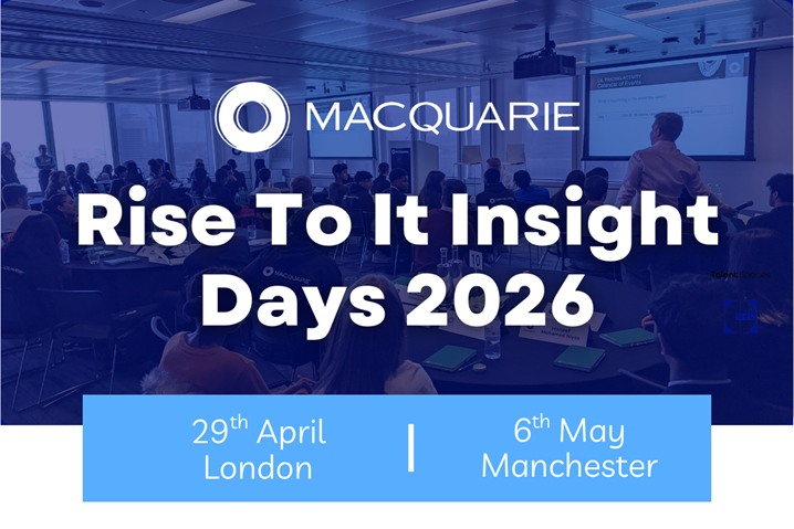 A promotional graphic for "Macquarie Rise To It Insight Days 2026," showing dates for London on 29th April and Manchester on 6th May over a blue-tinted image of a professional seminar.