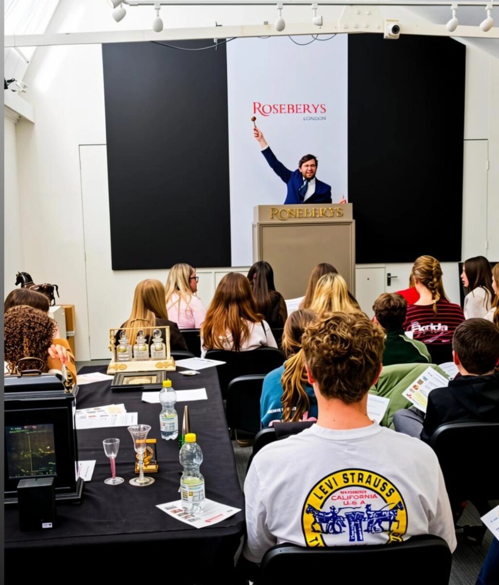 A group of people seated at black tables looking toward an auctioneer raising a gavel at a podium with a "Roseberys London" backdrop.